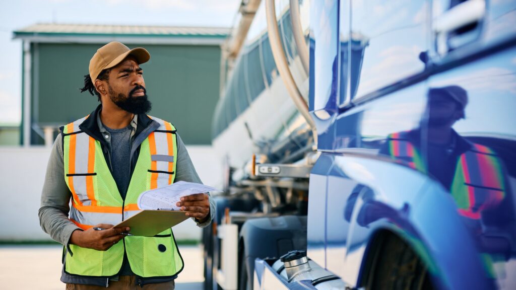 Truck driver inspecting truck before driving